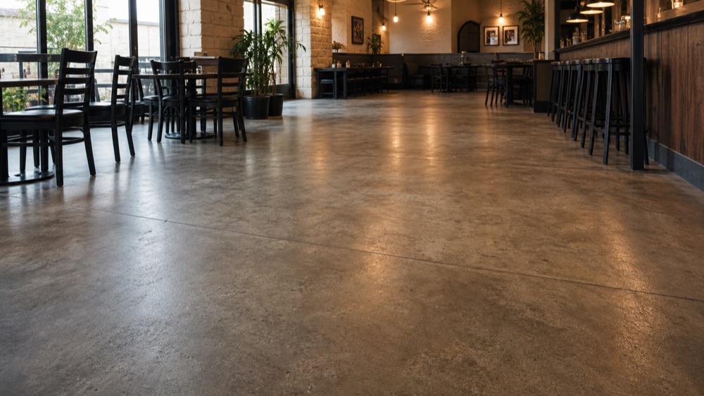 Brownsville hospitality space with decorative concrete floor