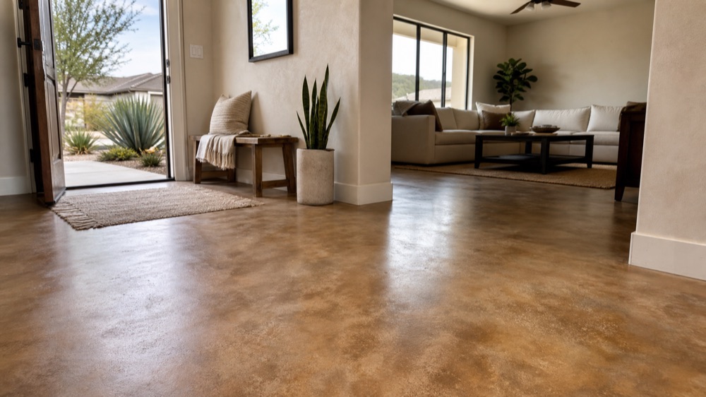 Edinburg residential entry with warm stained concrete flooring