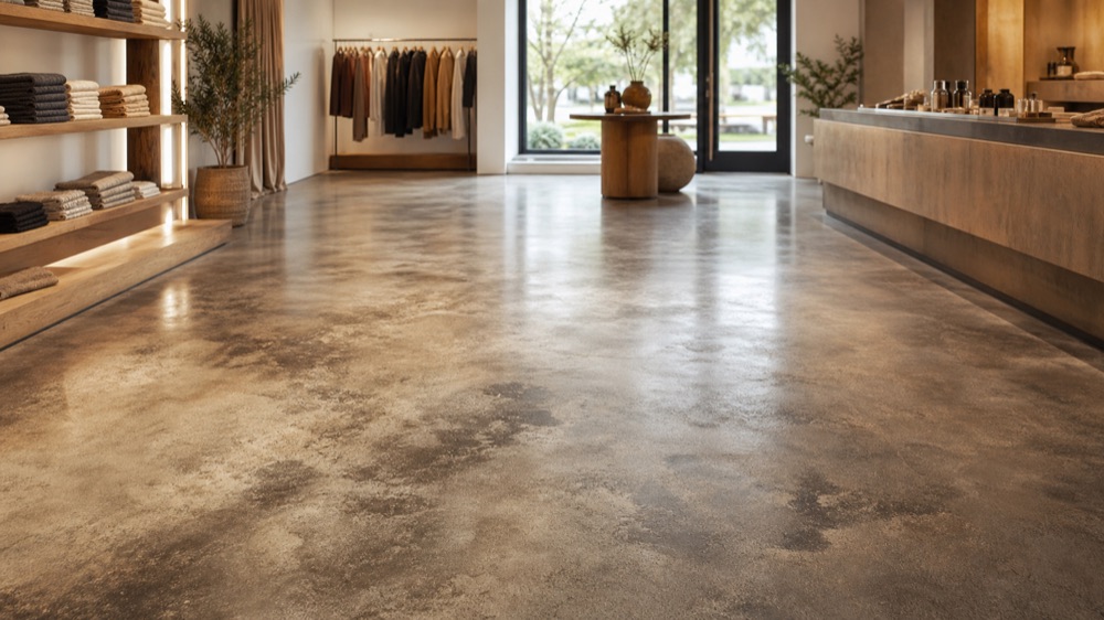 McAllen retail interior with warm stained concrete flooring