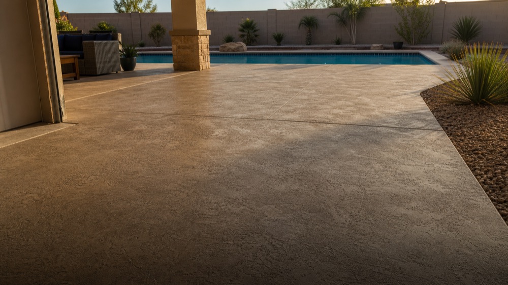 Mission poolside patio with finished decorative concrete